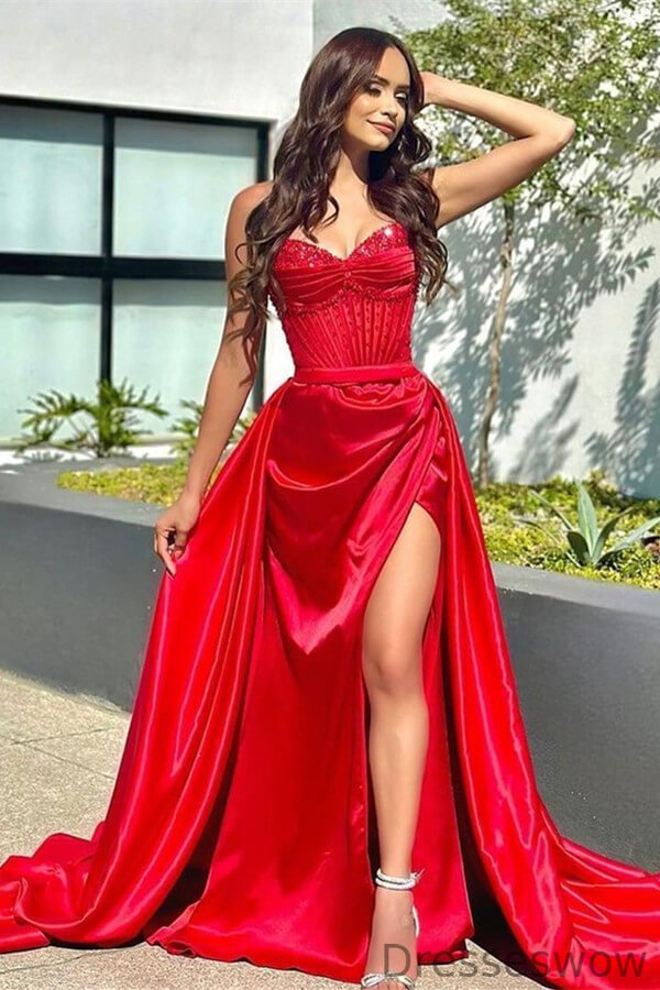 Dresseswow Red Sleeveless Mermaid Graduation Dress Sweetheart With Split Overskirt Long