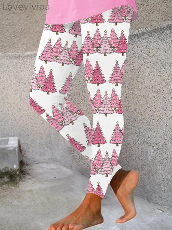 Women's Pink   Christmas TreePrint Stretch Leggings