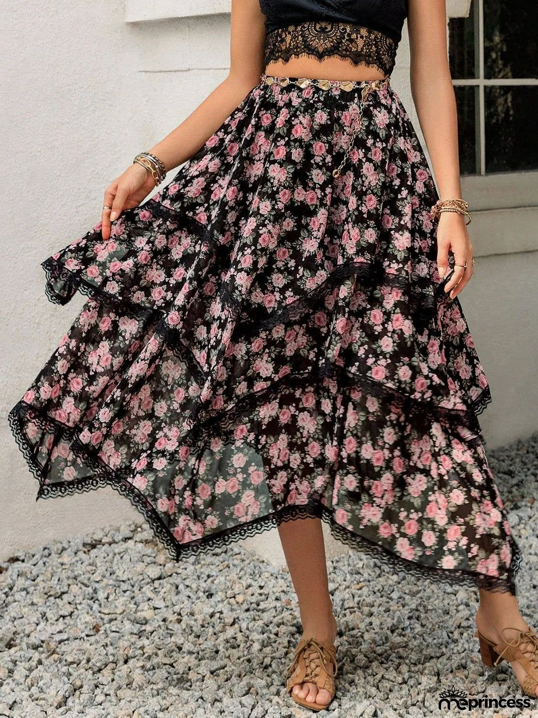 Lace Detail Layered Printed Skirt