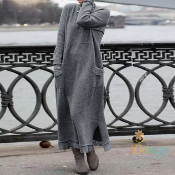 IO Dress Autumn Women's 2024 New Fashion Simple Retro Hooded Commuter Dress Winter Long Sleeve Pocket Solid Color Hooded Robe IO Dress