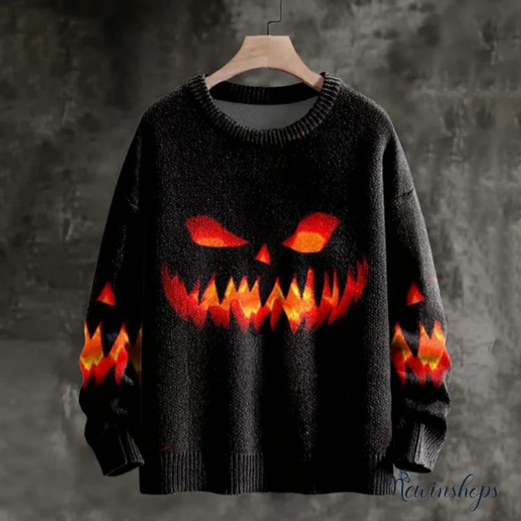Men's Halloween Pumpkin Hell Evil Green Flame Print Knit