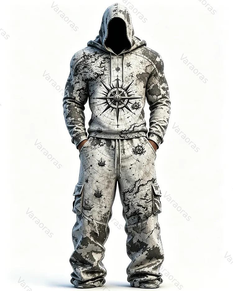 Men's Fashion Vintage Gradient Embroidered Hoodie & Pants Two-Piece Set 5982