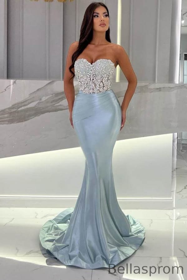 Bellasprom Baby Blue Sweetheart Evening Gown Mermaid Long With Crystal Bellasprom