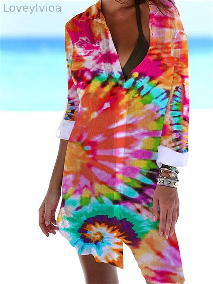 Women's Cover Up Beach Dress Beach Wear Mini Dress Print Fashion Casual Tie Dye V Neck Long Sleeve Loose Fit Outdoor Daily Yellow Pink 2023 Spring Summer S M L XL