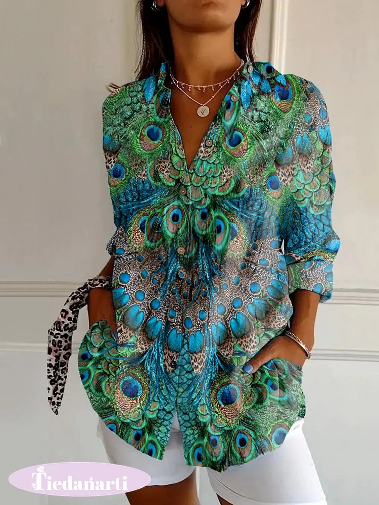 Vintage Peacock Feather Print Casual Long Sleeve Shirt
