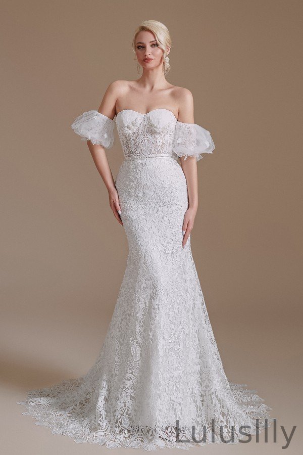 Charming Sweetheart Lace Long Mermaid Wedding Dress With Detachable Sleeves - lulusllly