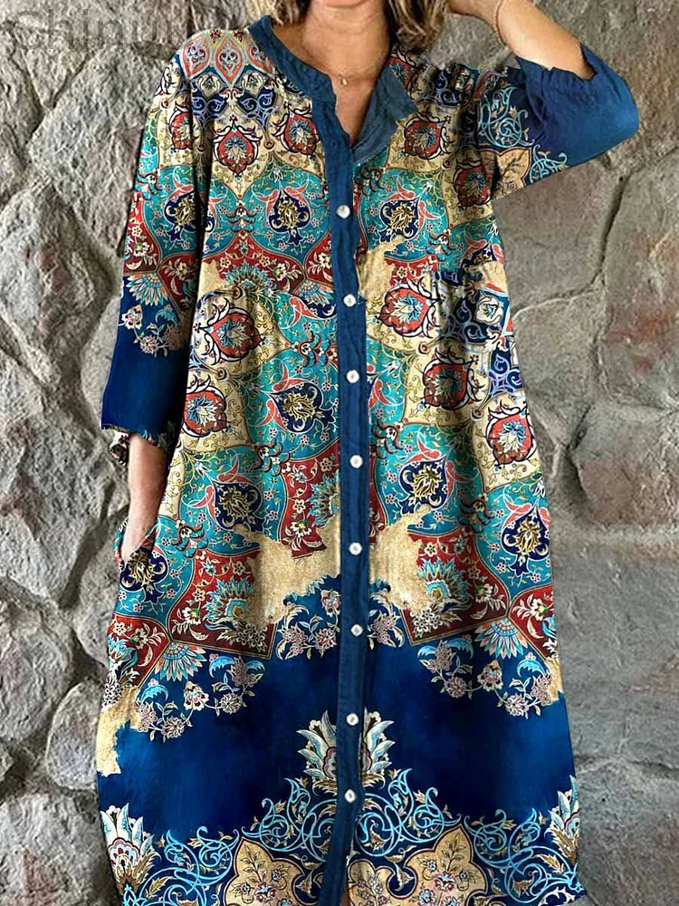 Women's Elegant Bohemian Ethnic Floral Shirt Style Cotton and Linen Dress