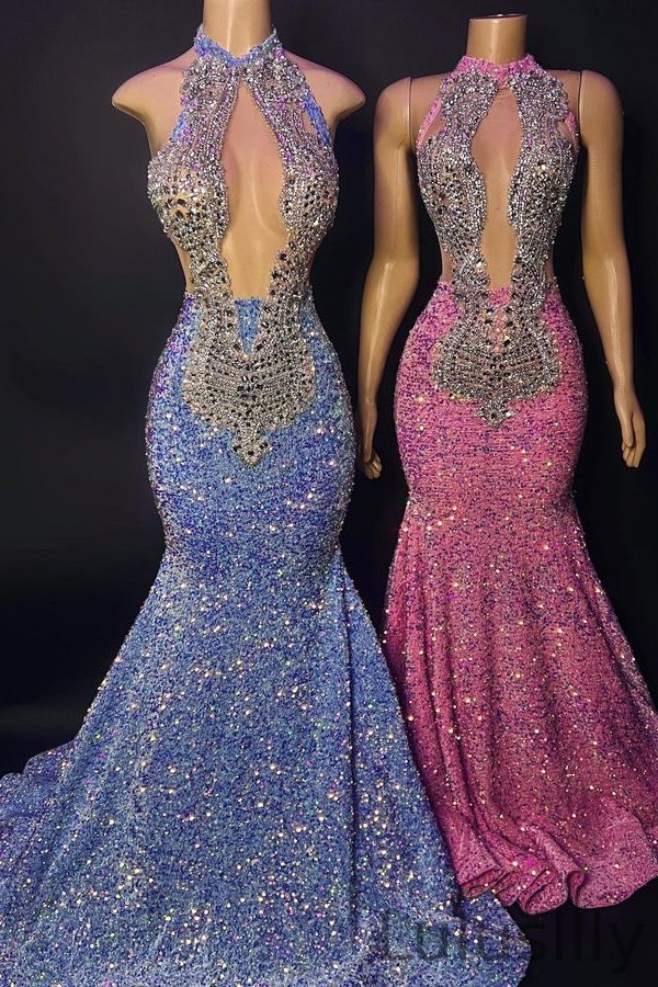Classic High Neck Sequins Prom Dress Mermaid Sleeveless With Crystals - lulusllly