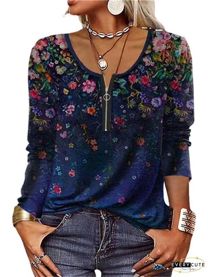 Womens Long Sleeve Zipper Ethnic Fashion T-Shirts Geometric Print Home Casual Neck