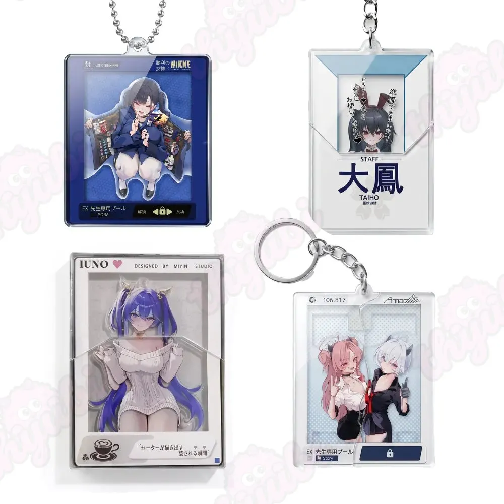 Sliding Pull-Tab Acrylic Keychains & Magnets &ndash; Anime Girls (Blue Outfit, Staff Badge, Coffee Cup, Twin Girls) - thyubioffcial