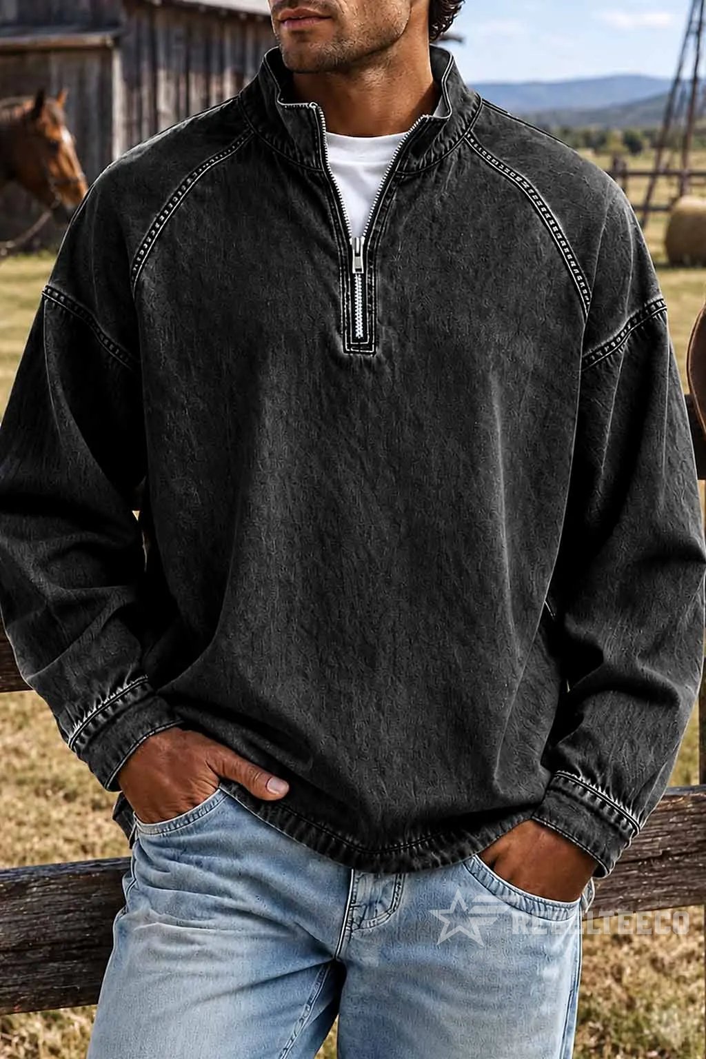 Black vintage half-zip cotton pullover