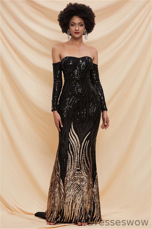 Dresseswow Long Sleeves Off-the-Shoulder Evening Dress Mermaid Sequins YE0127