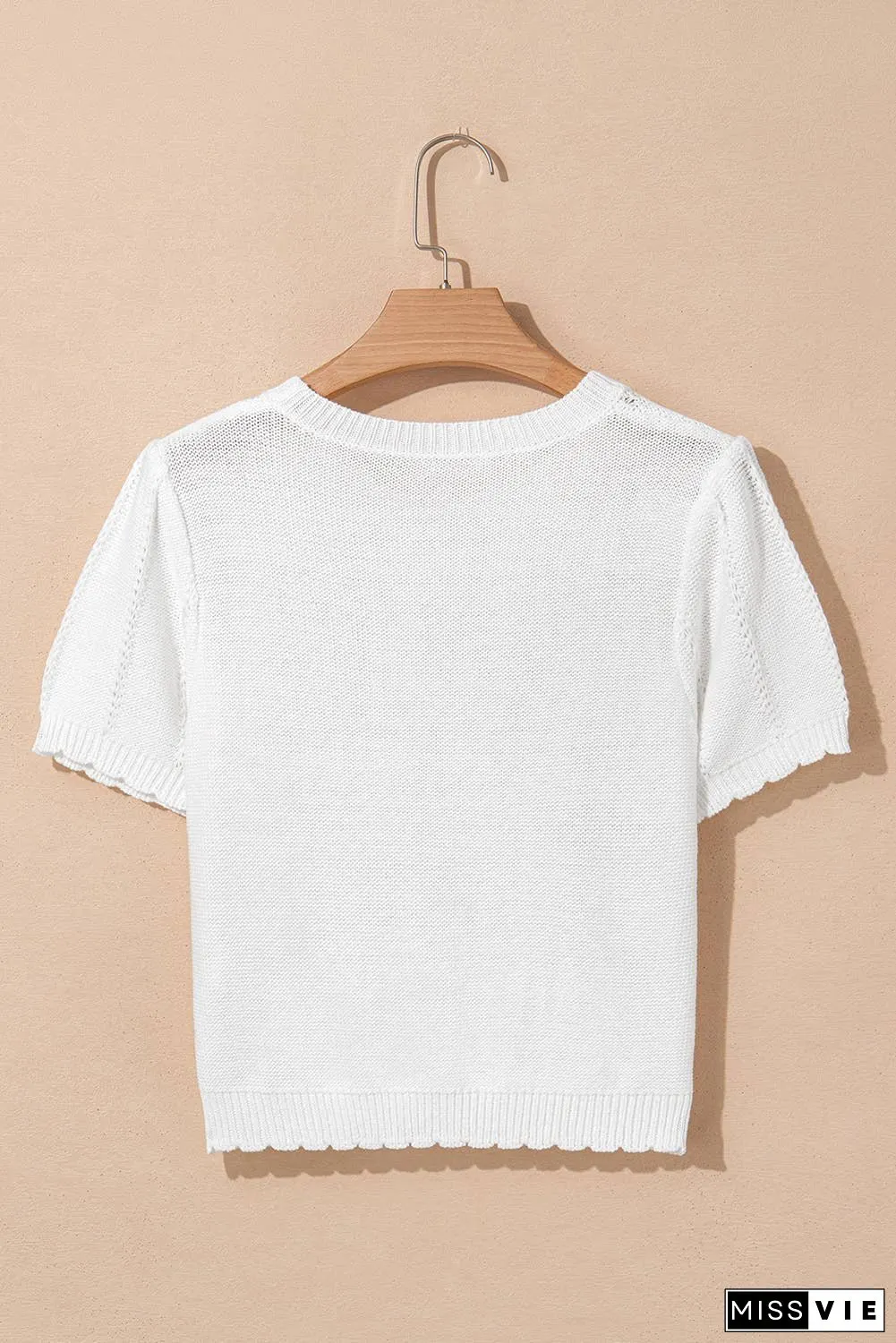 Pointelle Knit Short Puff Sleeve Crewneck Sweater