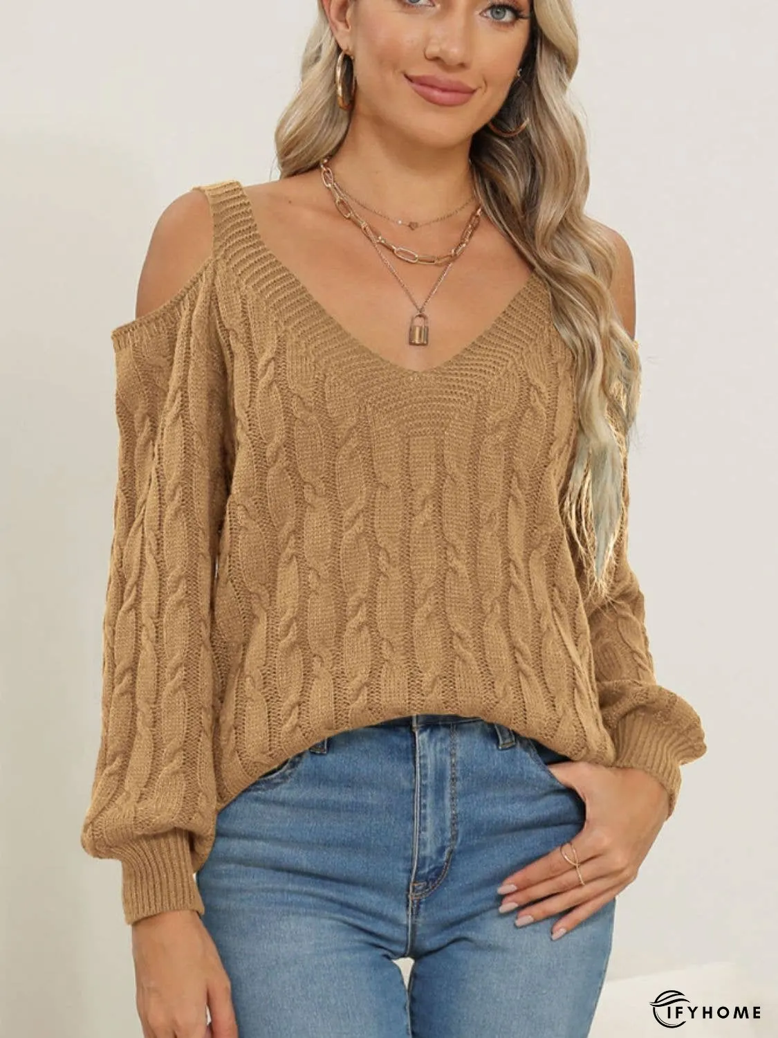 Cable-Knit V-Neck Long Sleeve Sweater | IFYHOME