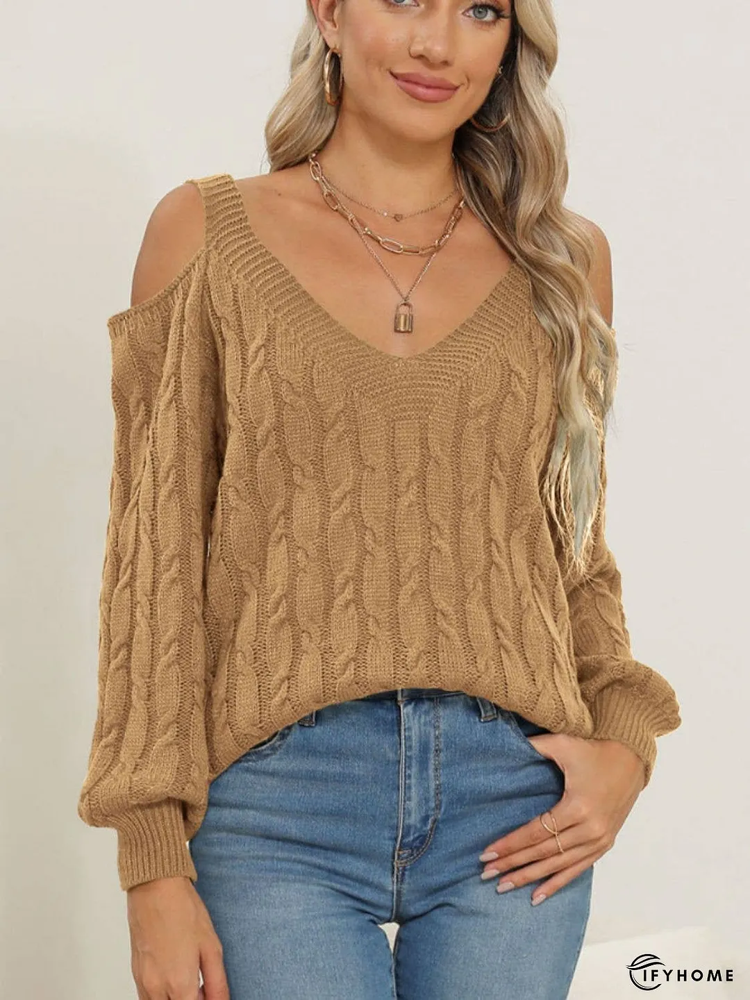 Cable-Knit V-Neck Long Sleeve Sweater | IFYHOME