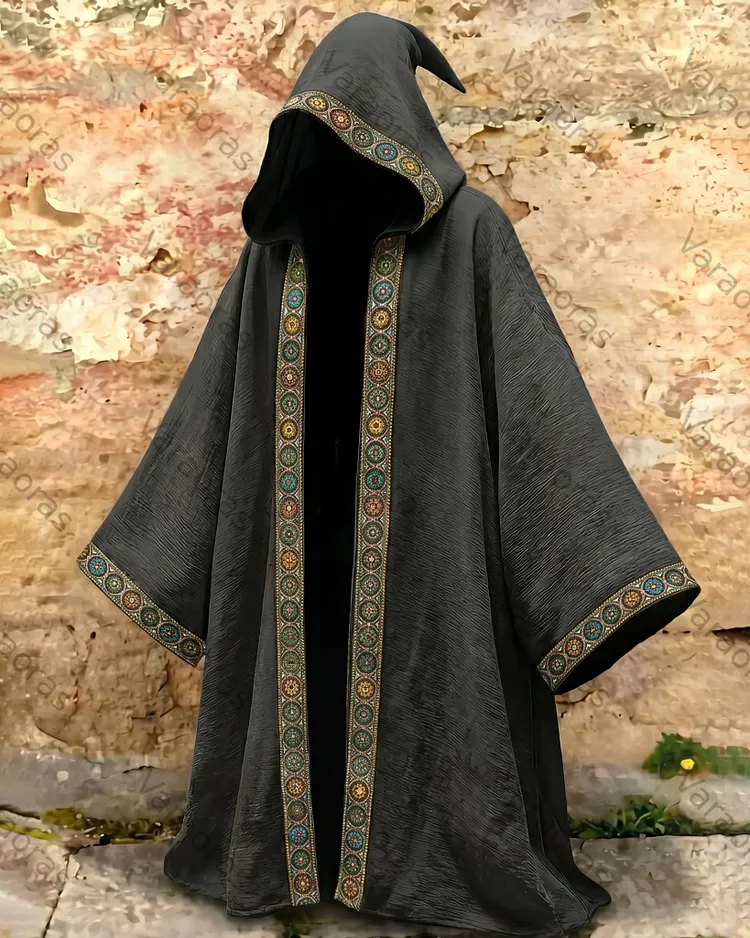 Men's Summer Fashion Boho-Style Embroidered Linen Hooded Cape 3481
