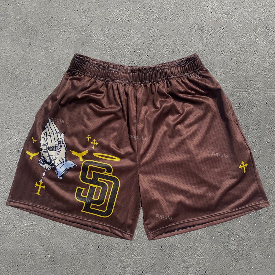 Sopula Chocolate Padre Prayer Hands Print Graphic Mesh Shorts - Sopula｜Premium Graphic Tees & Graphic Clothing