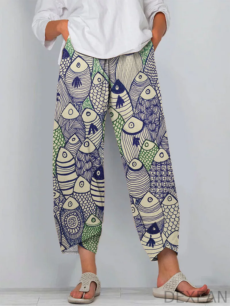 Fun Fish Art Cropped Casual Pants