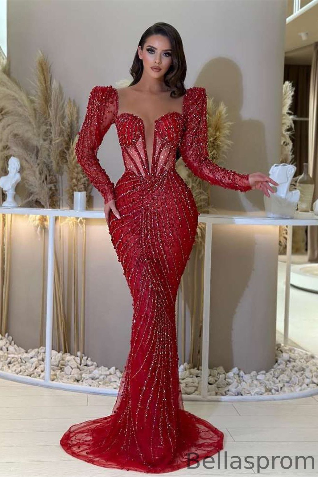 Bellasprom Red Deep V-Neck Long Sleeves Mermaid Prom Dress With Beaded Sequins Bellasprom