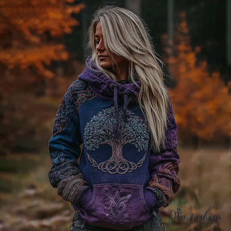 Women's Vintage Viking Tree Of Life Pattern Casual Hooded