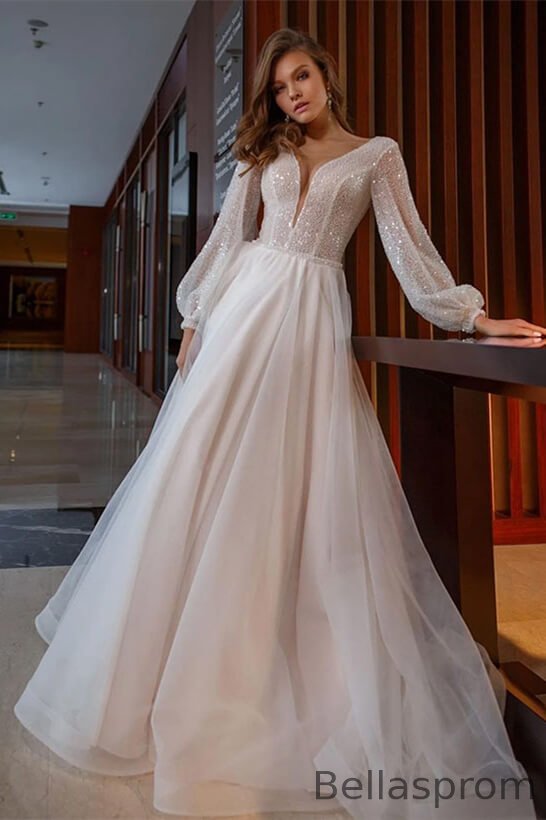Bellasprom V-Neck Sequins Long Sleeves A-Line Wedding Dress Tulle Bellasprom
