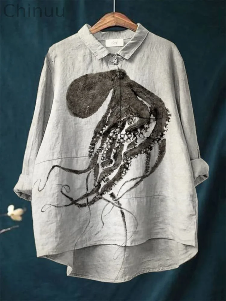 Vintage Japanese Octopus Pattern Art Print Casual Cotton And Linen Shirt