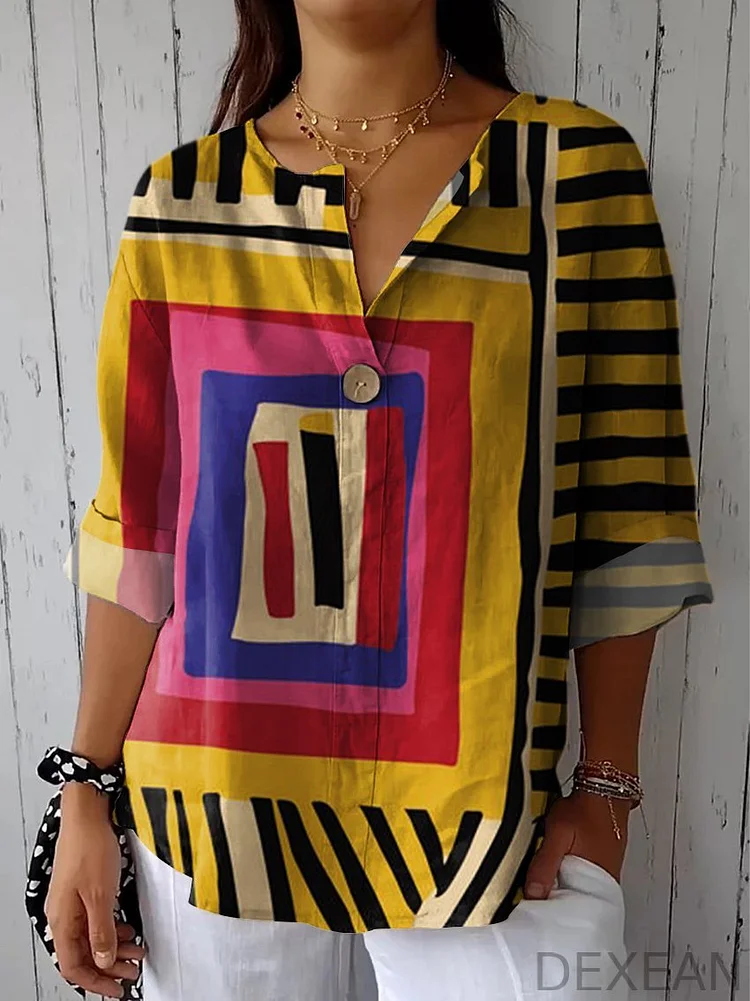 Women's Yellow Color-block Abstract Figure Print Casual Cotton Linen Shirt