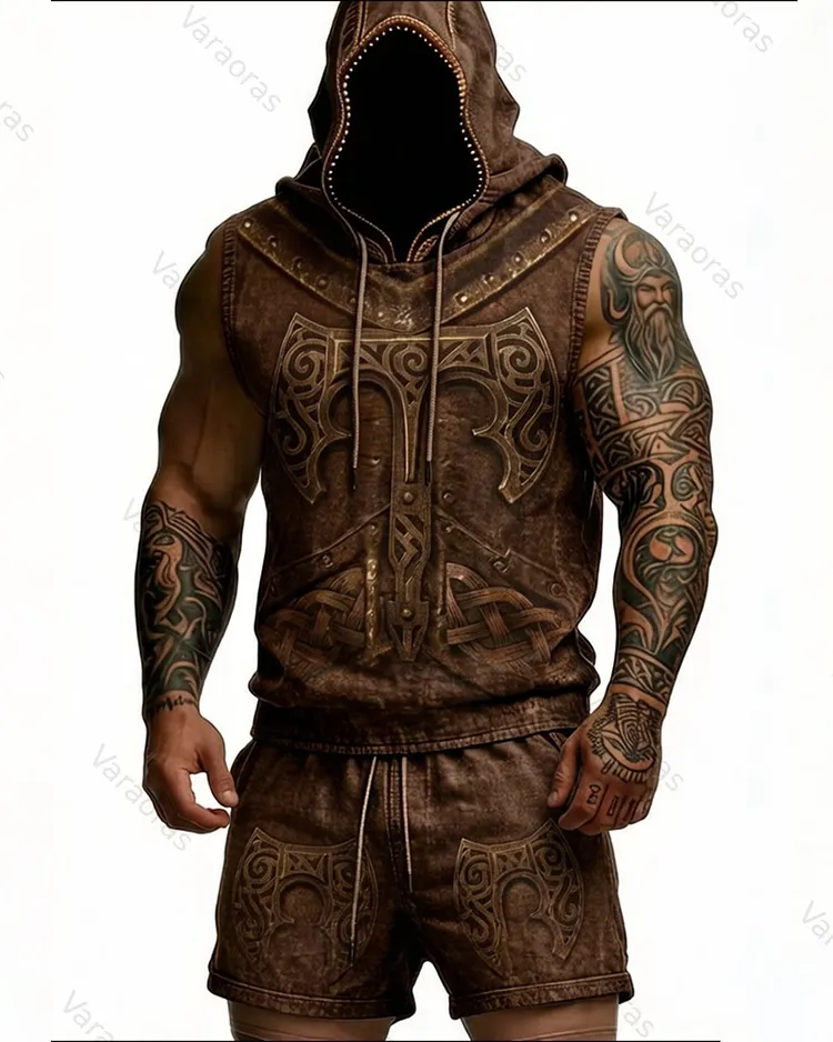 Men's Summer Fashion Viking Embroidered Short-Sleeve Hooded Top and Pants Two-Piece Set 8119