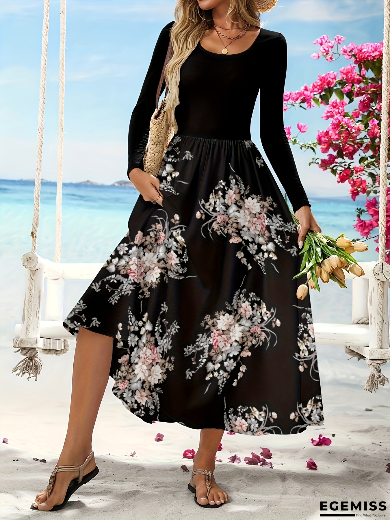 Women's Floral Maxi Dress - Elegant A-Line Formal & Casual Event Gown, Flared Hem, All-Season Beach Wedding Party Outfit - Women's Formal & Everyday Dresses, Beach Dresses, Vacation Outfit, Flowy Fabric | EGEMISS