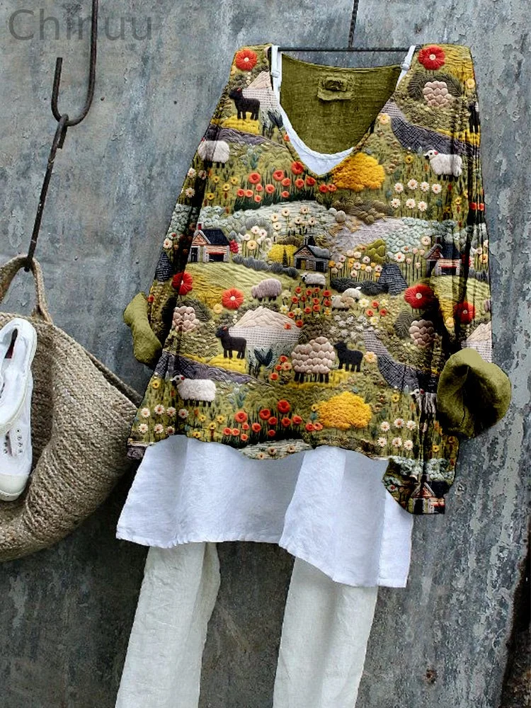 Vintage Farmyard Art Graphic Linen Blend Flowy Tunic