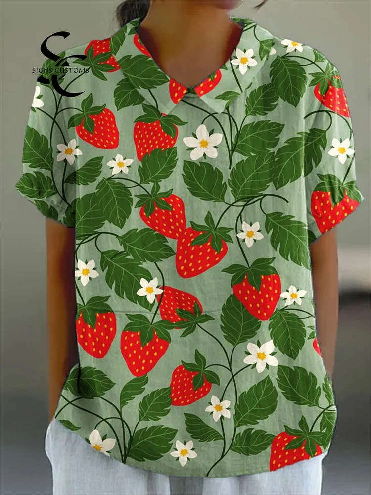 Women's Cute Strawberry Flowers Painting Art Print Casual Cotton And Linen Shirt