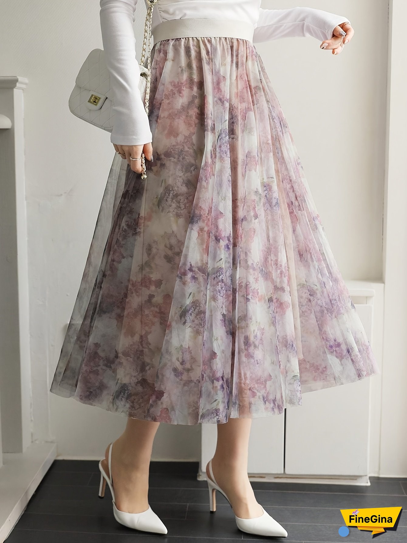 Women's Elegant Chiffon Floral Print Maxi Skirt - Loose Fit Flared Umbrella Hem, Long Flowy Purple Pink Blue Beige, Machine Washable for Spring Summer Fall Casual & Formal Wear, Spring Summer Fashion, Soft Texture Fabric