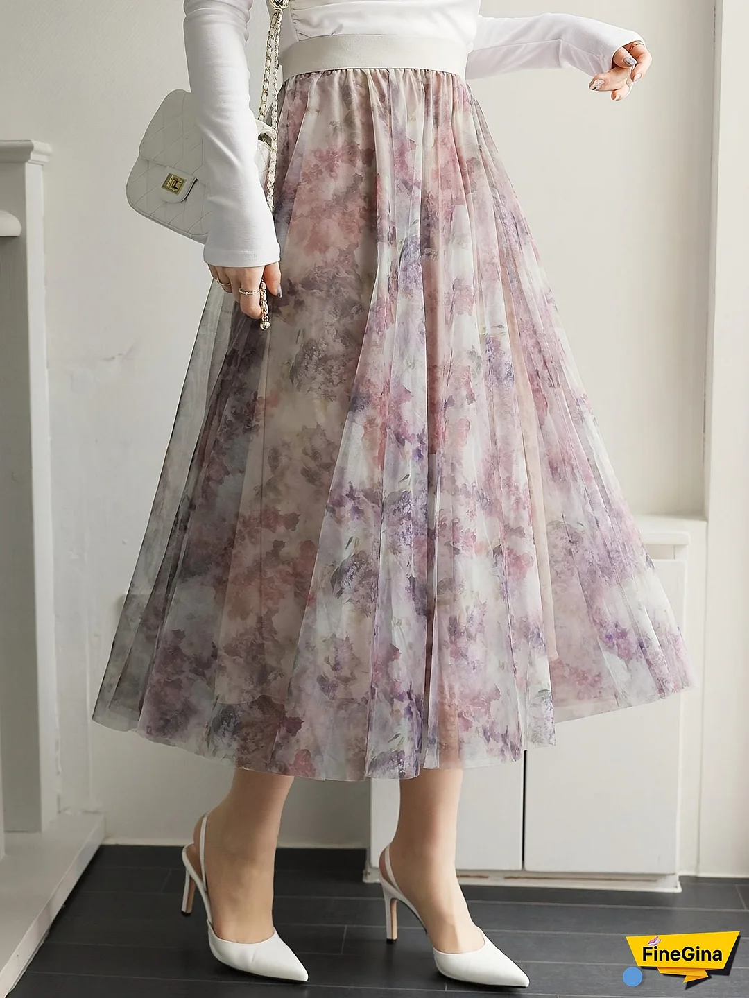 Women's Elegant Chiffon Floral Print Maxi Skirt - Loose Fit Flared Umbrella Hem, Long Flowy Purple Pink Blue Beige, Machine Washable for Spring Summer Fall Casual & Formal Wear, Spring Summer Fashion, Soft Texture Fabric