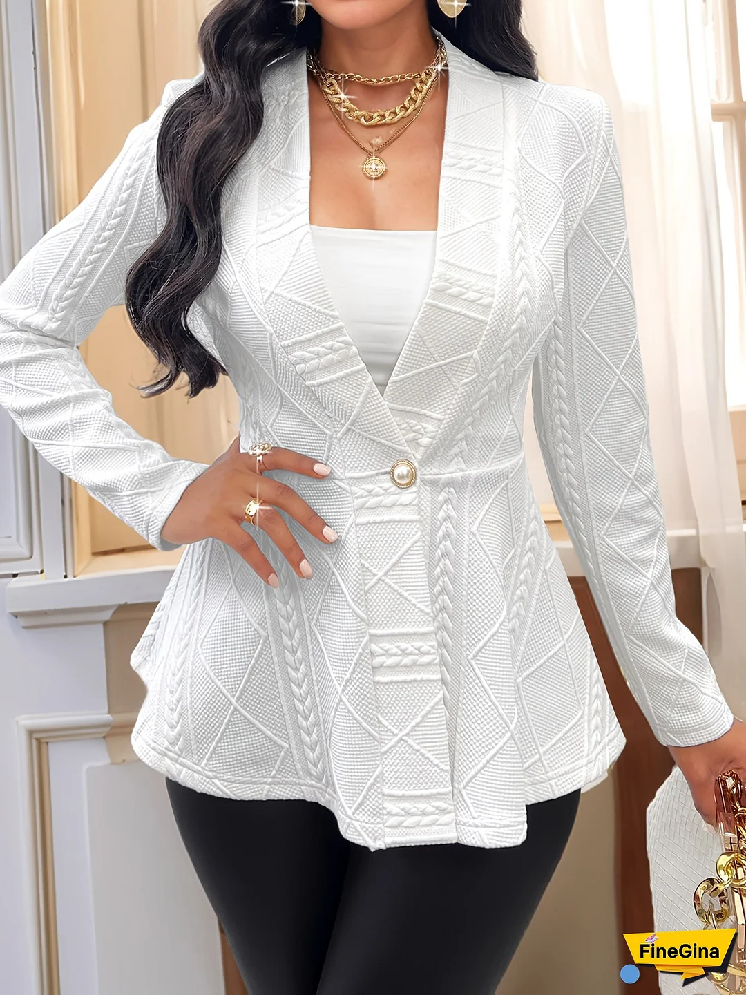 Women's Elegant Textured Fabric Single-Button Jacket - White with Golden-Tone Accents, Medium Stretch, Machine Washable Spring/Fall Blazer for Daily Commute & Casual to Professional Wear, Medium Elasticity Coat, Cute Jacket