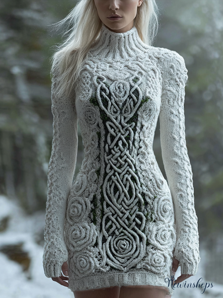 Viking Style Winter Women's Warm High Neck Knitted Sweater Dress