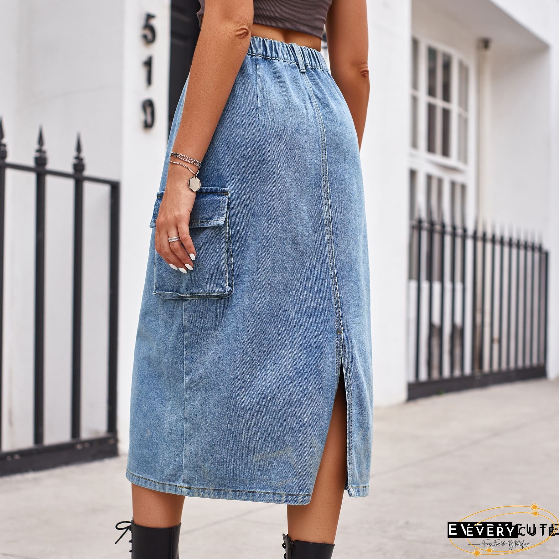 Women's Denim Skirt Button Down Front High Waist Pockets Midi Jean Skirts