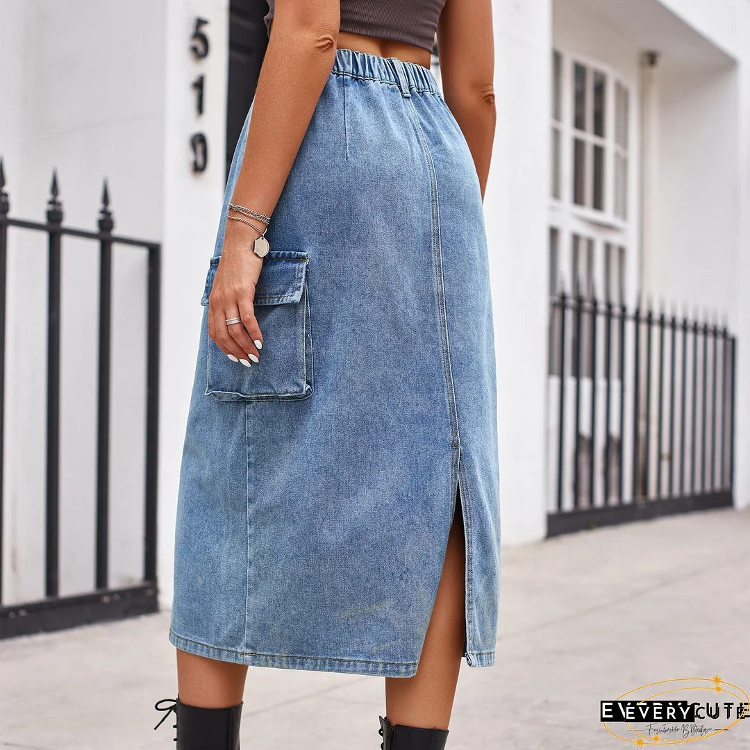 Women's Denim Skirt Button Down Front High Waist Pockets Midi Jean Skirts