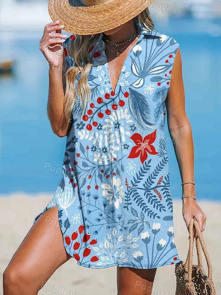 Pupiloves Pupiloves Women's V-neck Printed Cotton and Linen Beach Vacation Sleeveless Shirt Dress