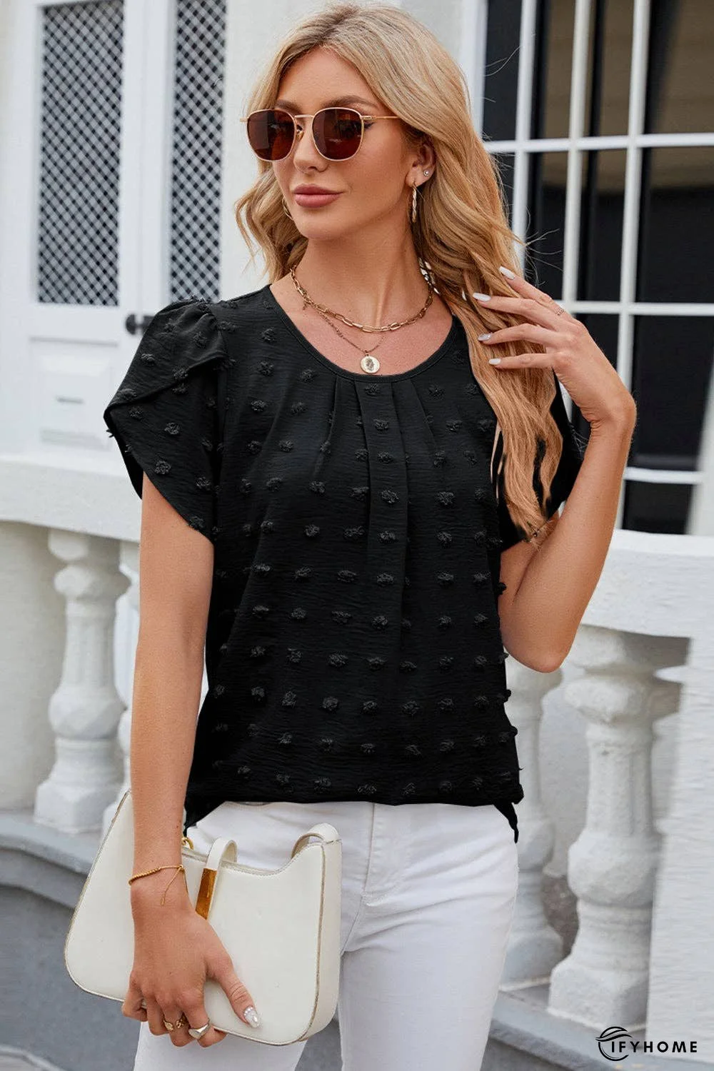 Swiss Dot Round Neck Petal Sleeve Blouse | IFYHOME