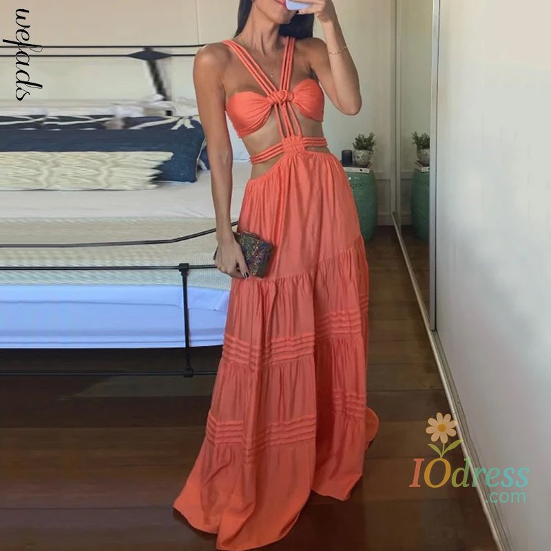 IO Dress Wefads Women Long Dresses Summer Fashion Sexy Solid Strap Sleeveless Backless Lace Up Hollow Out Pleated Beach Party Dress