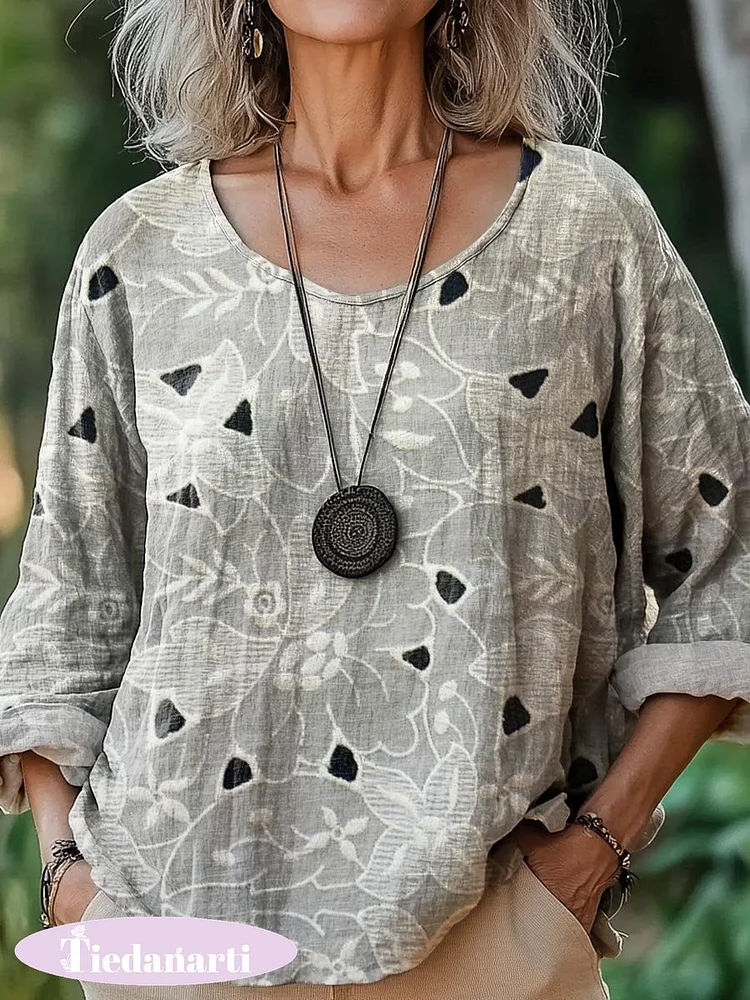 Women's Vintage Ethnic Floral Art Print Casual Cotton And Linen Shirt