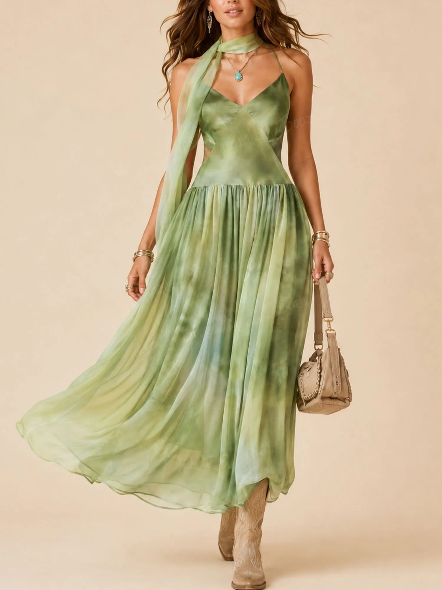 Perfect for Western Cowboy Theme Parties &mdash; Fall 2026 Women's Artistic Tie-Dye Design, Classic Green Tone, Skin-Friendly Breathable Vacation Maxi Dress