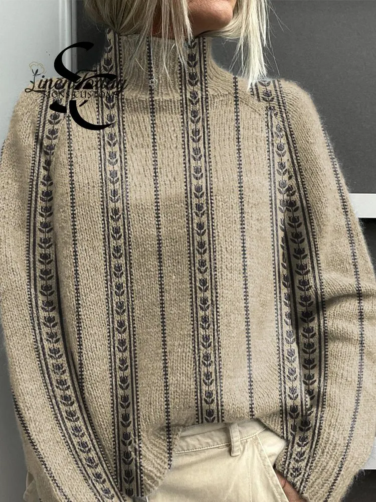 Small Florets with Vintage Stripes Print Knit Turtleneck Pullover Sweater