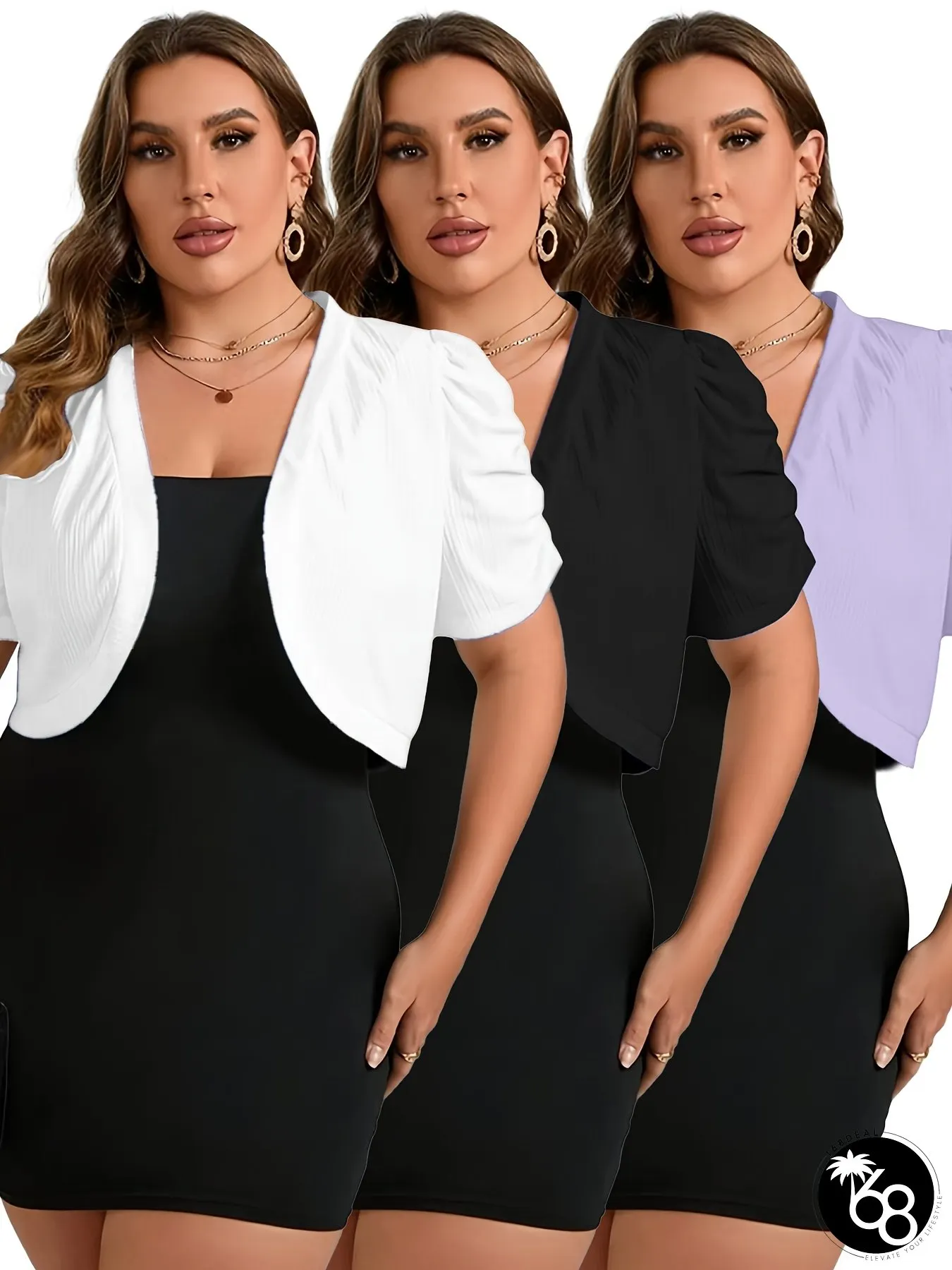 Plus Size Elegant Womens 3 PCS Solid Color Puff sleeve cardigan set v-neck stretchy | 168DEAL