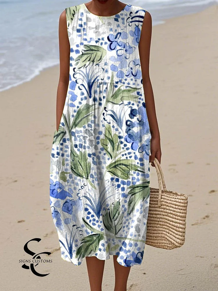 Women's Vintage Floral Pattern Art Print Sleeveless Cotton Pocket Wrap Dress