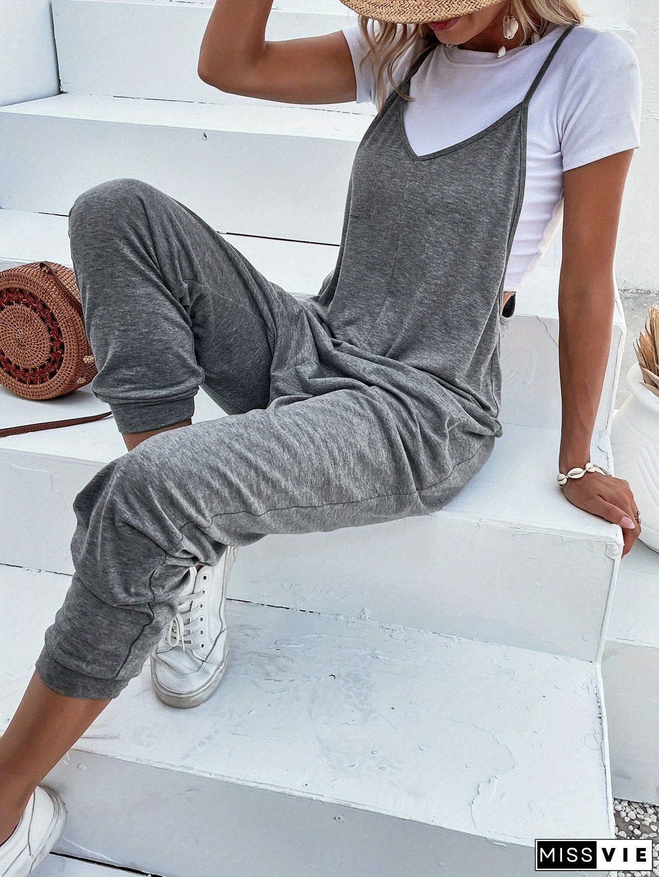 Women&lsquo;s Casual Loose Jumpsuit with Spaghetti Strap Neckline - Brown, All-Season Comfort, Casual Jumpsuit | Relaxed Fit Jumpsuit | Comfortable Jumpsuit