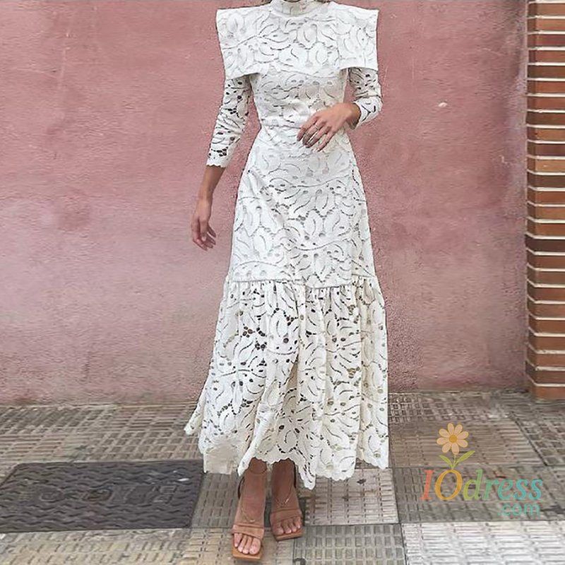 IO Dress Stand Collar Slim Solid Color Fashion 2025 Dress Women's Elegant Commuting Robe Dress Chic Lace Hollow Out Women's A-line Dress IO Dress