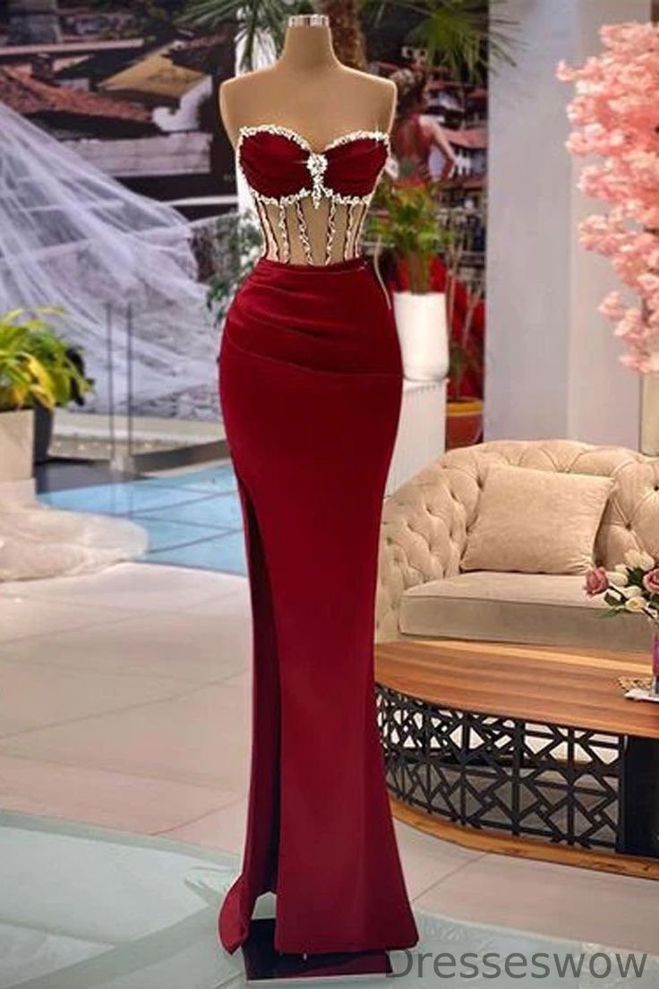 Dresseswow Sweetheart Burgundy Mermaid Evening Gown Split Long With Beads