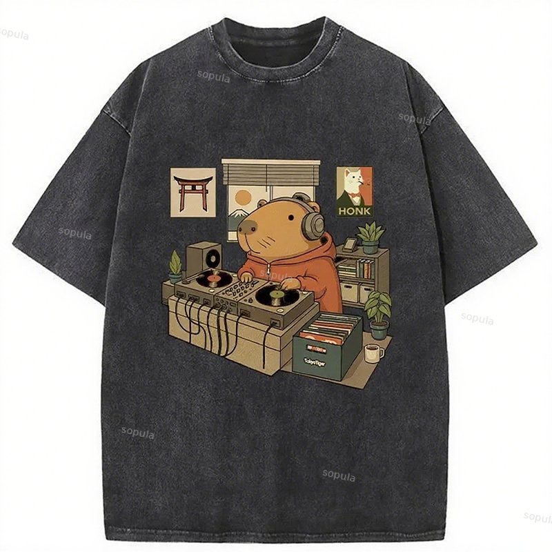 Follow My Beat Capybara Graphics Acid Washed T-shirt