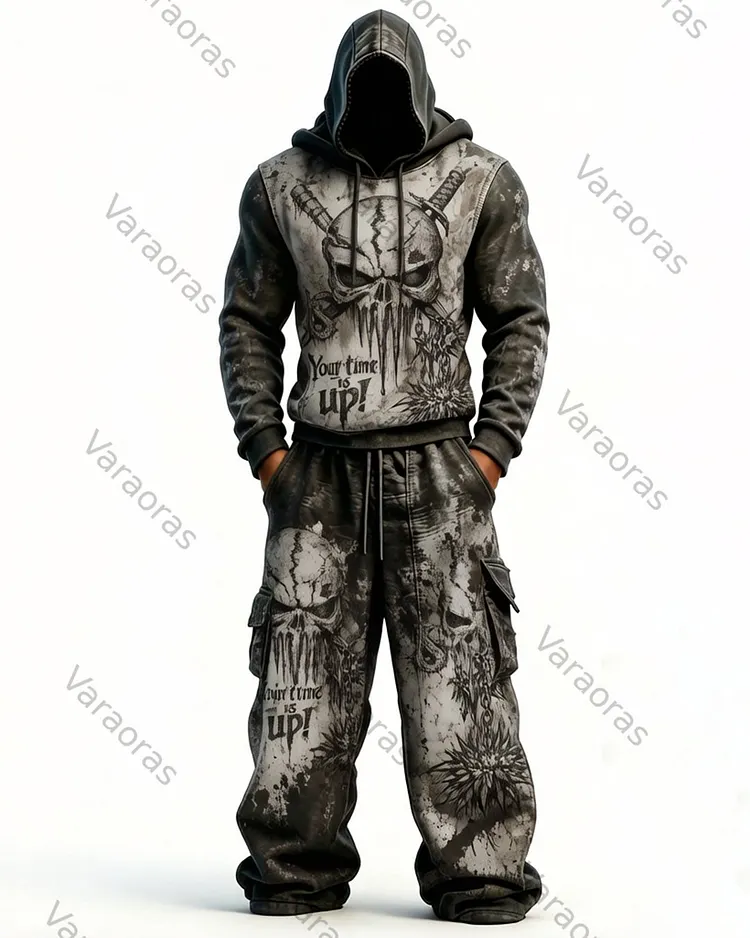 Men's Fashion Skull Contrast Color Embroidered Hoodie & Pants Two-Piece Set 9231